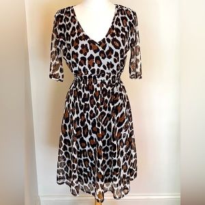 Rae Republic Brown Cream Leopard Print Mesh Lined 3/4” Sleeve Lined Dress Size S